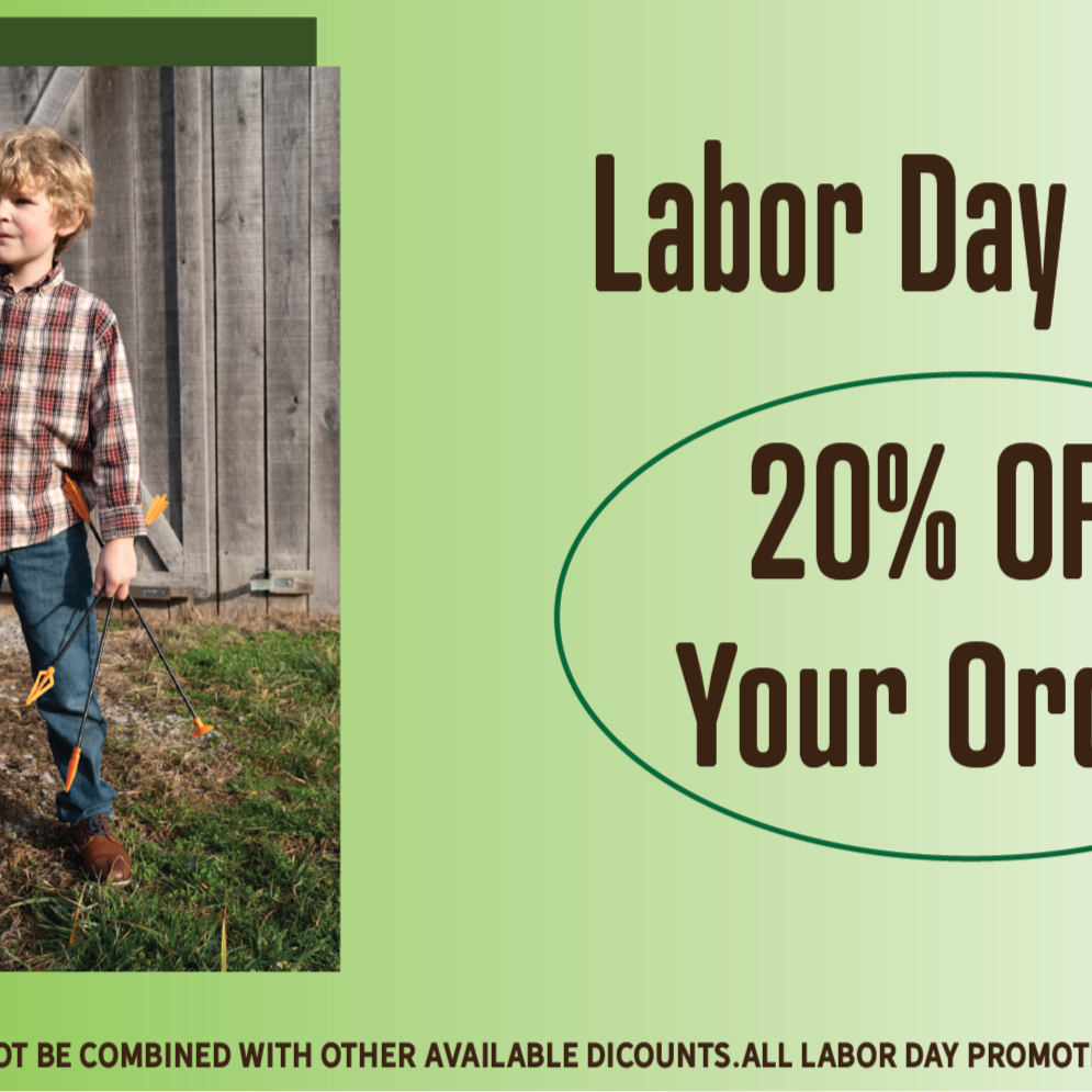 Promotional banner for a Labor Day sale with a child in front of a wooden barn.